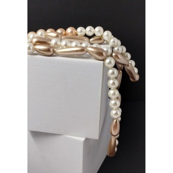 Hollywood Regency Faux Pearl Necklace Champagne Tear Drop Cylinder 38" Graduated - Picture 5 of 6